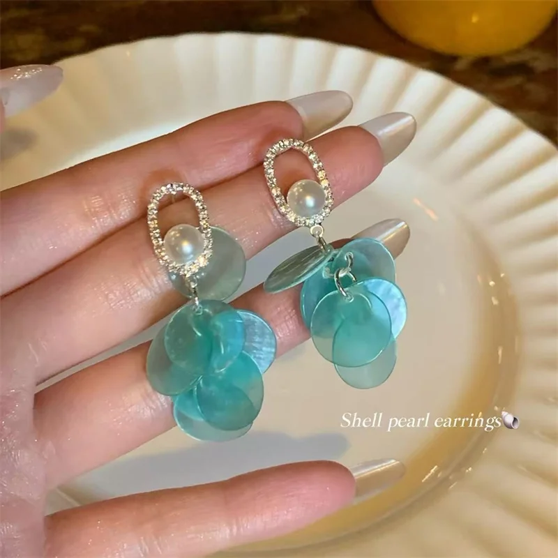 French Round Geometric Shell Tassel Earrings Romantic Hollow Zircon Pearls Round Long Stud Earrings Women Jewelry Gifts