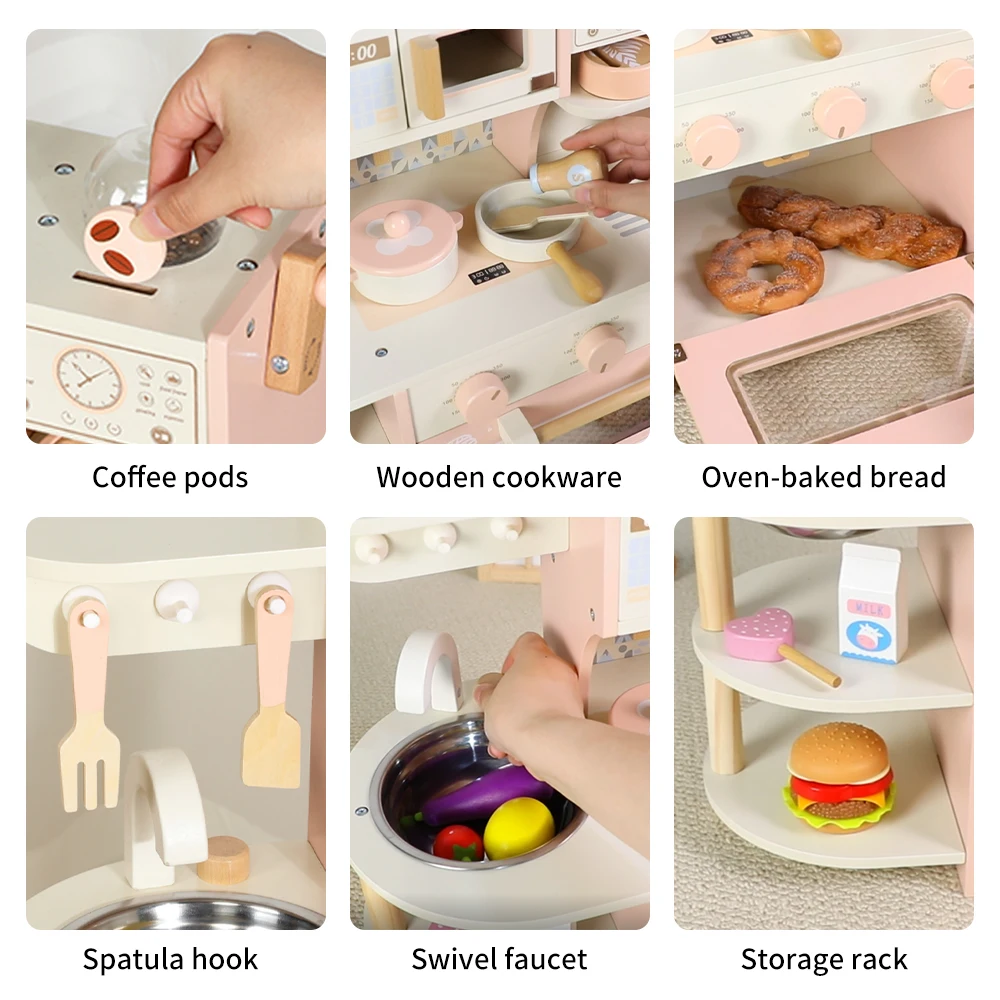 مجموعة ألعاب القهوة الخشبية للأطفال الصغار مع ملحقات المطبخ للطعام، مجموعة ألعاب الطبخ هدية للفتيات والأولاد من سن 3 سنوات فما فوق