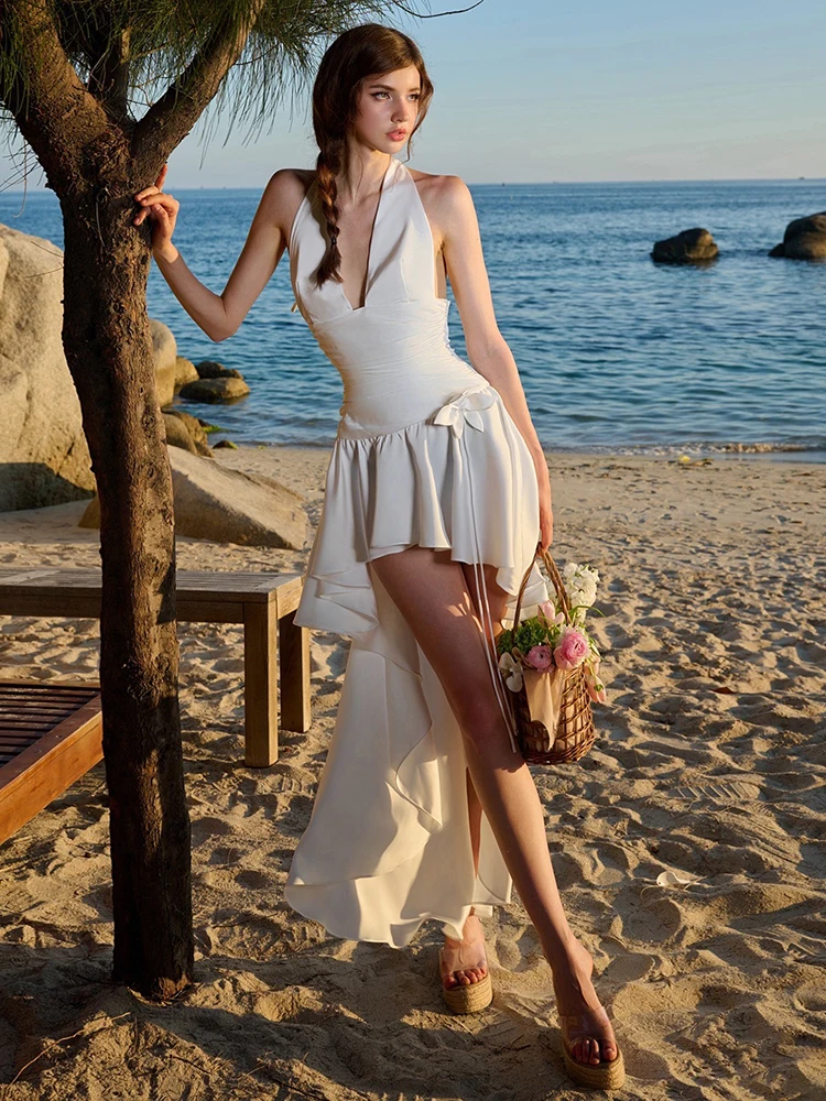 

Whatiwear Ruched Elegant Dress Women Halter Flower Appliques Ruched Ruffles Irregular Hem Vacation Fashion Beach Party Outfits