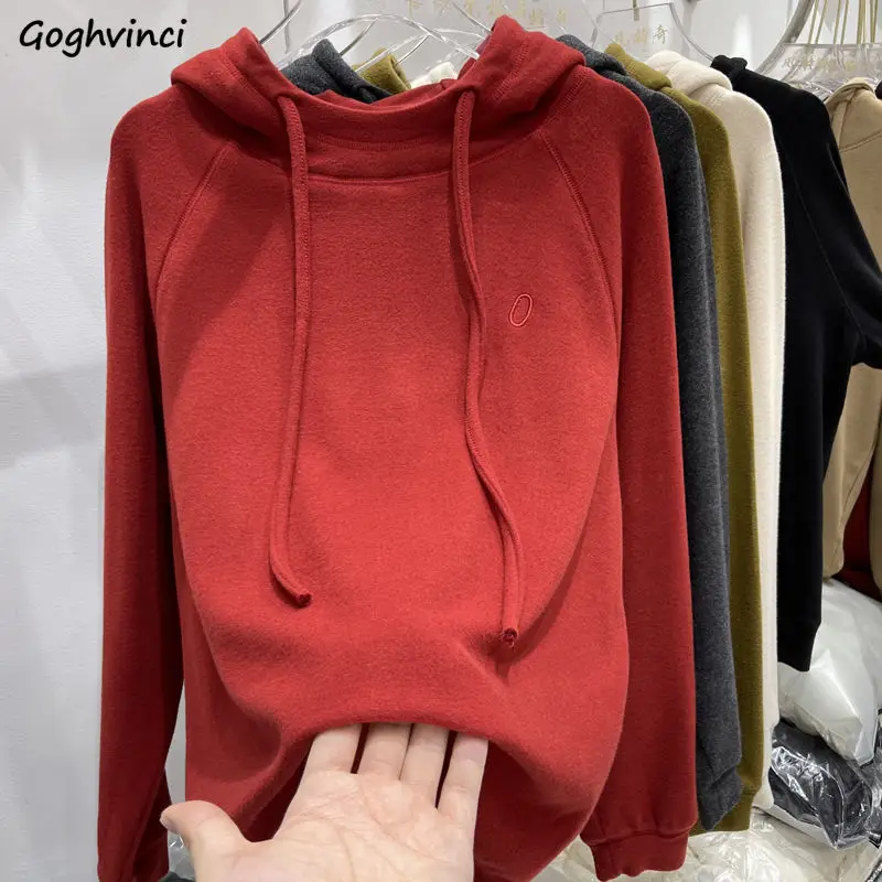 

5 Colors Hoodies Women Simple Embroidery European Style Loose Autumn Winter Female Plus Velvet Hooded Sweatshirt Basic Design