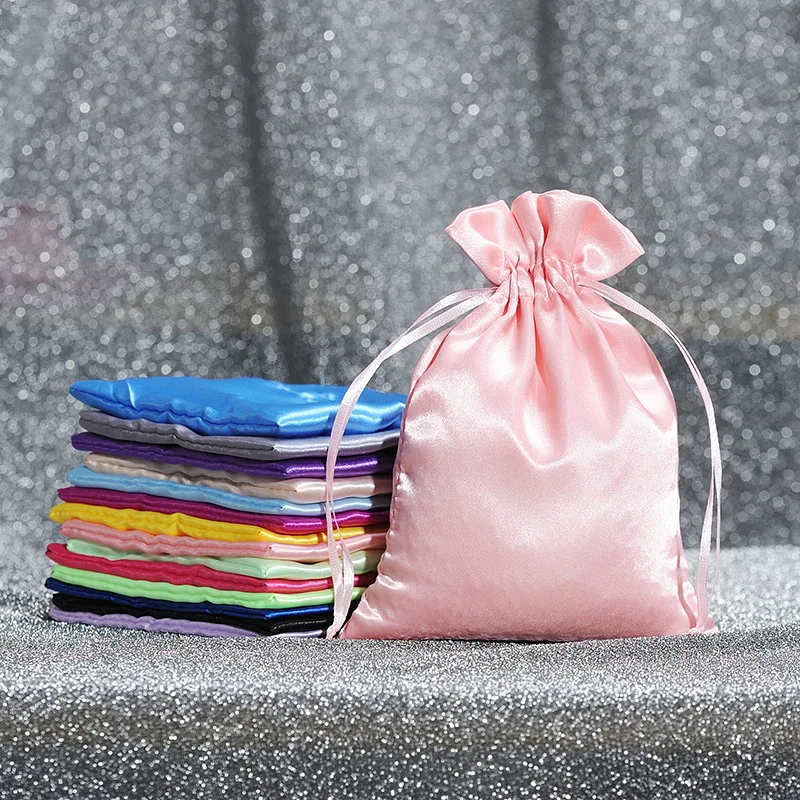 50 Pcs/Lot Drawstring Satin Bags for Christmas New Year Party Smooth Touching Silk Gift Fabric Package Pouch