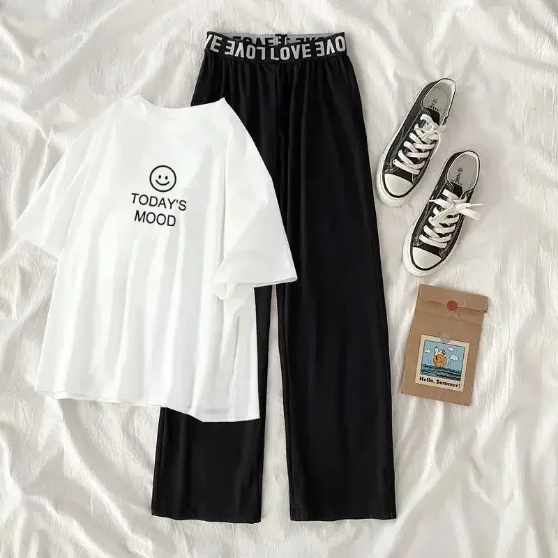 Junior Girls Summer Suit Clothing Kids Short-sleeved T-shirt + Wide-Legged Pants Korean Girl 2Pcs Set 8-9-10-13-15Y Trend