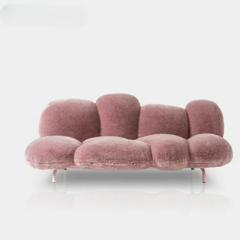 Flannel Sofa Set Plush Fabric  Living Room Furniture Finger Design Upholstered Fur Pink  With Backrest