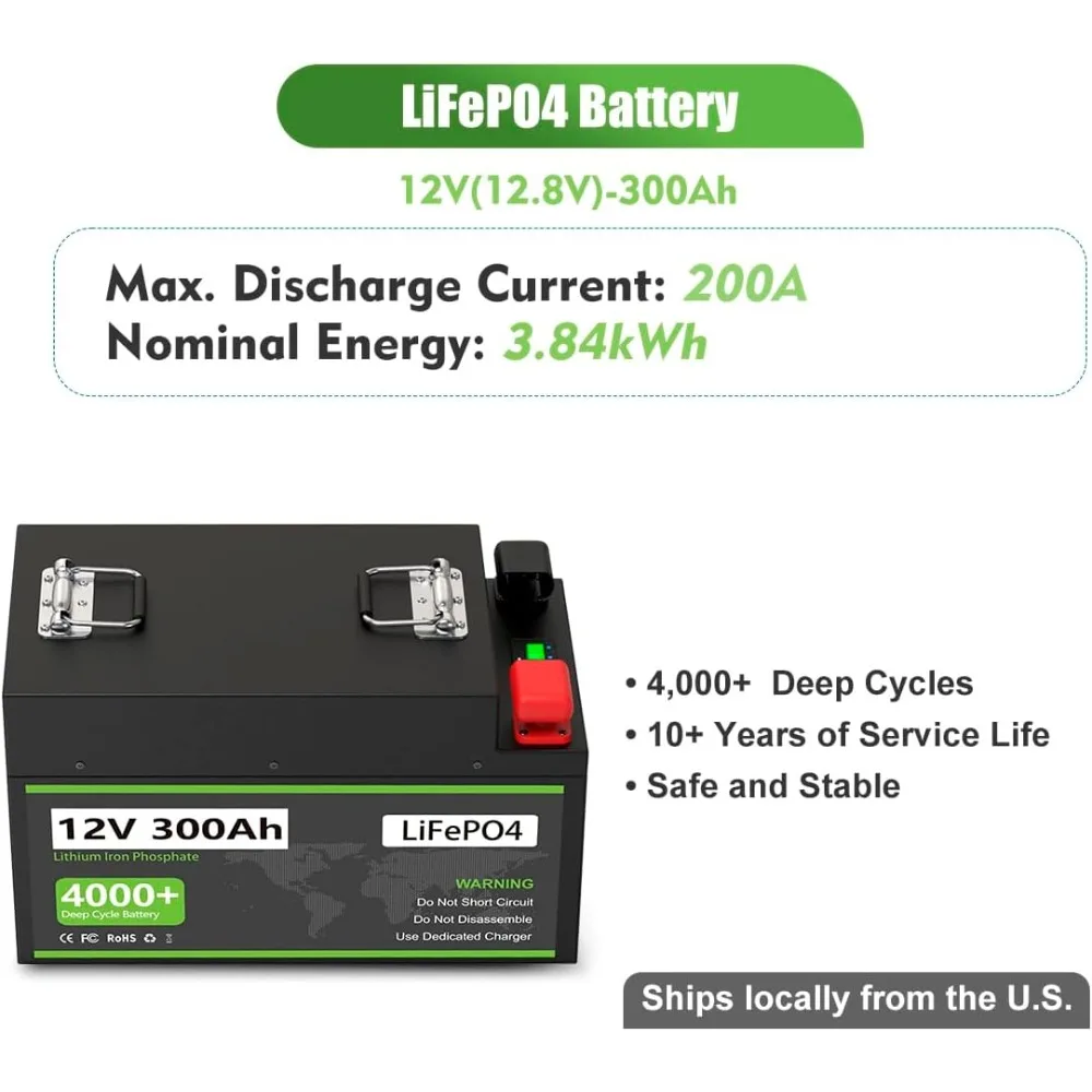 12V 300Ah LiFePO4 Battery 12.8V Lithium Batteries with 200A BMS /50A Anderson Connector/LED Display/4000+ Cycles for RV Boat