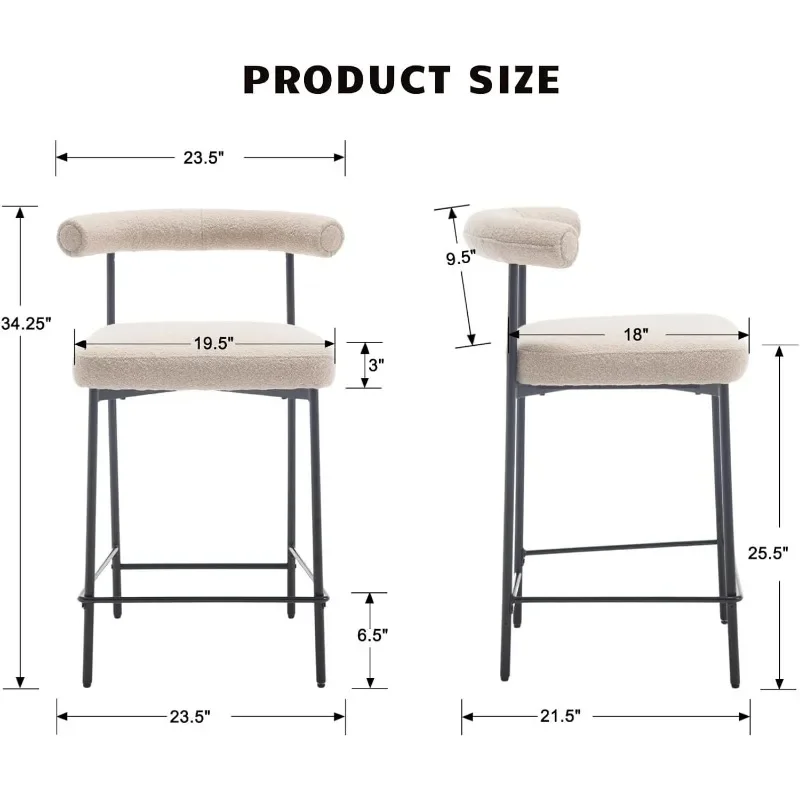 Modern Bar Stools Set of 4, 26'' Counter Height Barstools with Metal Legs, Sherpa Upholstered Kitchen Stools Curved Open