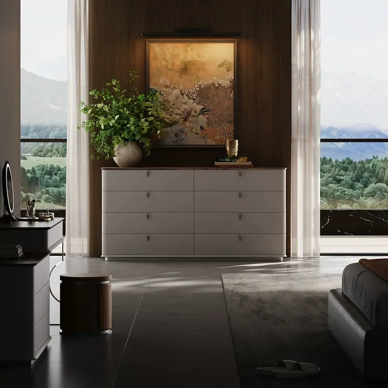 Light Luxury Walnut TV Cabinet with Natural Marble Top Modern Bedroom Living Room Storage Chest Whole House Furniture