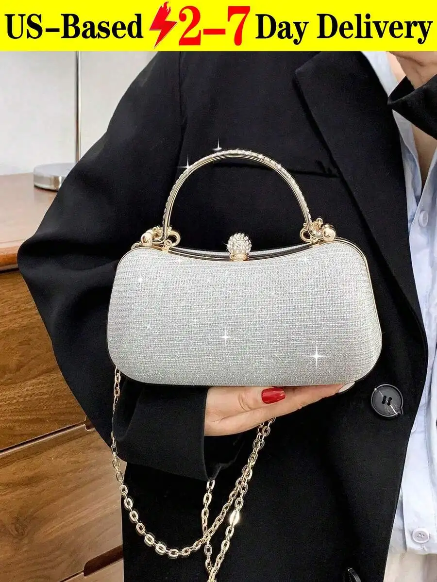 

Sparkling Silver Mini Clutch With Crystal-Embellished Handle And Gold Chain Strap For Evening Events, Weddings, Proms