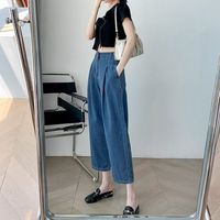 Women Spring Summer Autumn Casual Loose Denim Pants Big Pockets Straight Leg Cropped Jeans Commuting Simple Pure Color Trousers