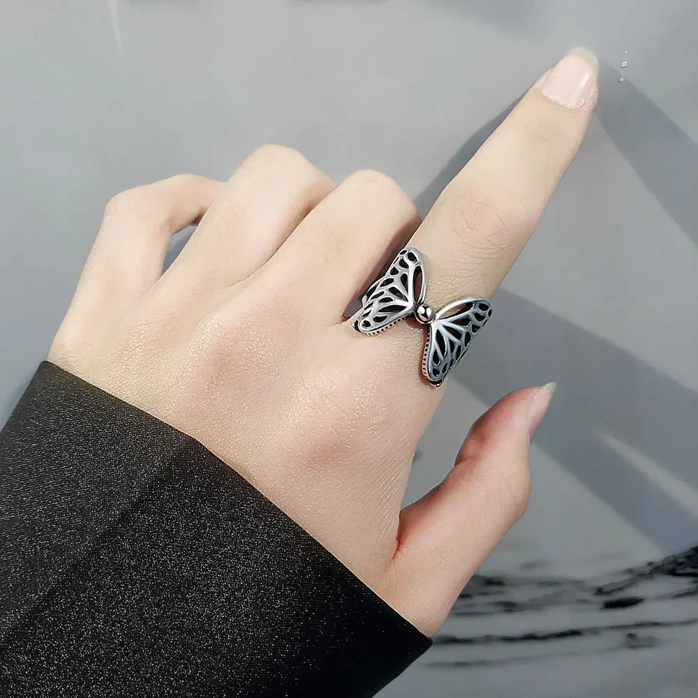 

925 Sterling Silver Butterfly Wings Hollow Out Rings for Women Simple Trendy Romantic Retro Anillos Party Accessories Gifts