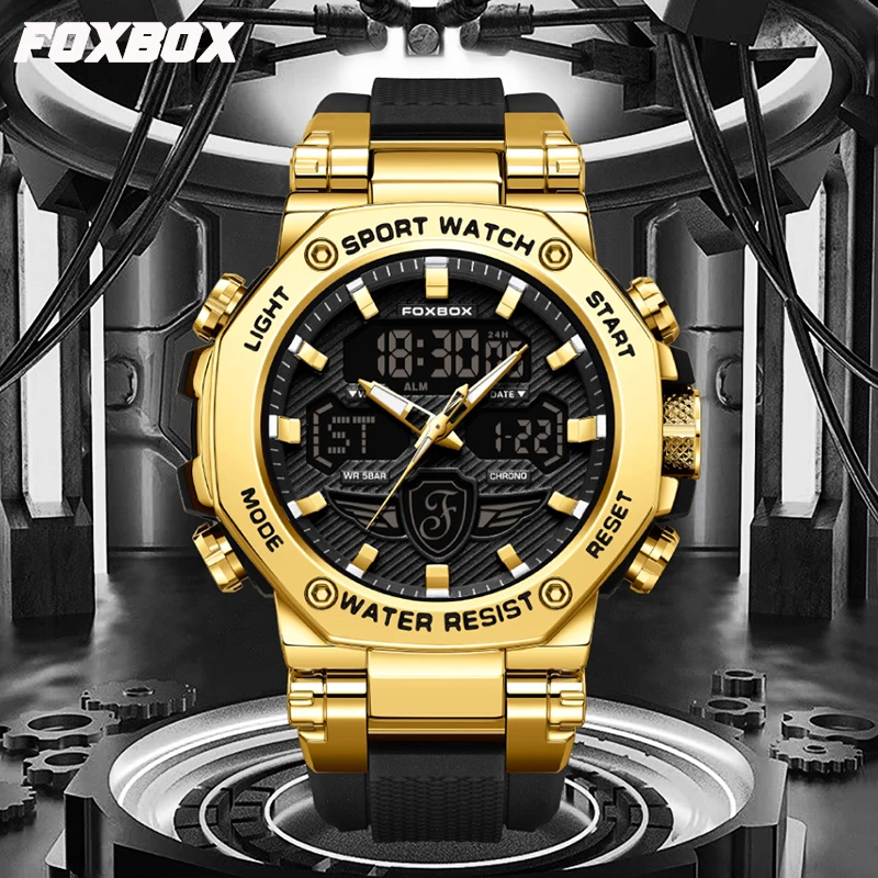 FOXBOX Simple Casual Electronic Quartz Watches Male Fashion Sports Luminous Waterproof Alarm Date Dual Digital Display Man Watch