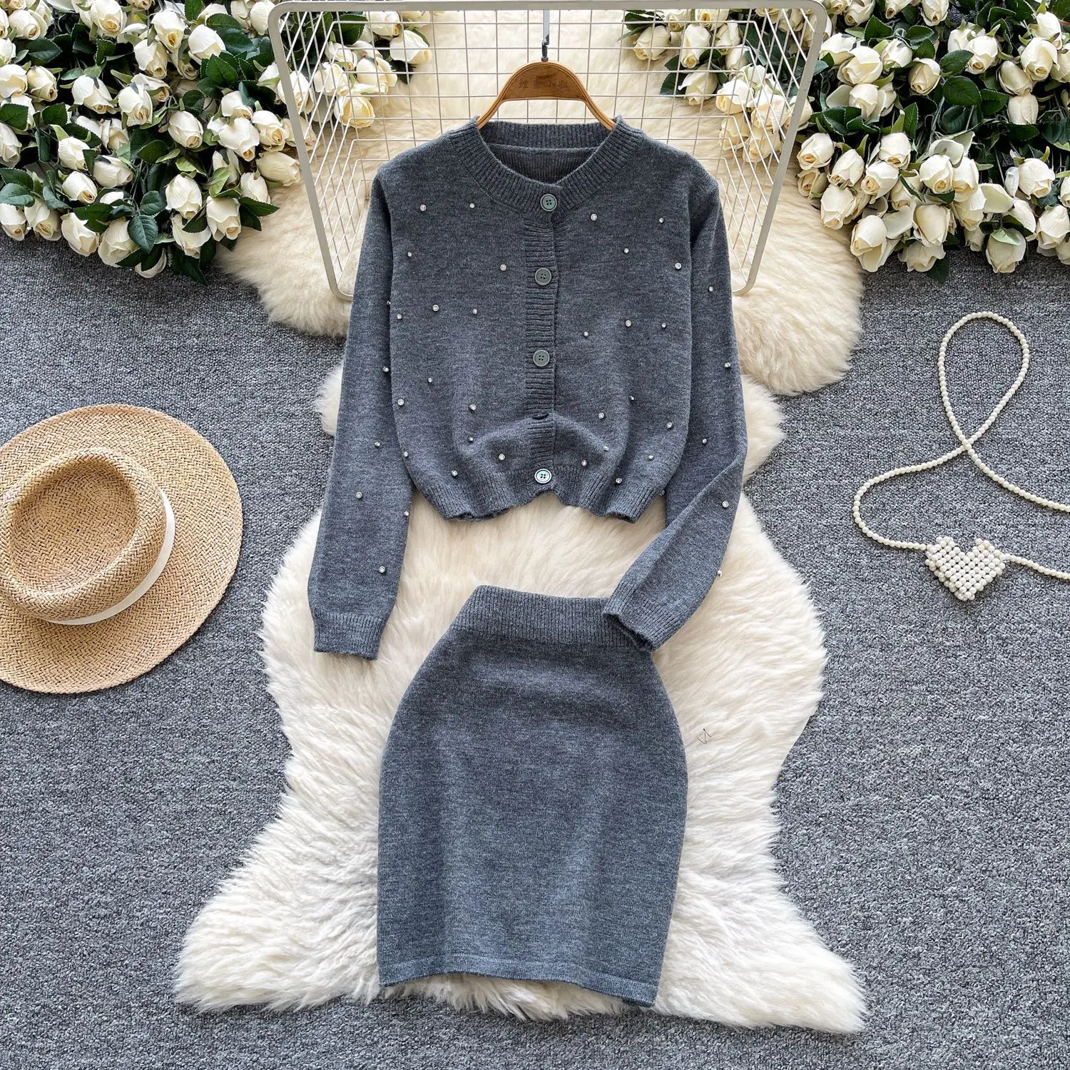 

Women Two Piece Sets Skirt Set Round Neck Full Sleeve Knitted Tops Short Skirts A Line High Waist Y2k Streetwear Elegant Splice
