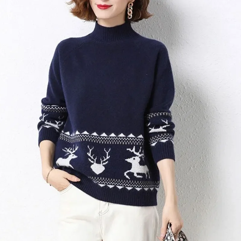 Autumn Winter Half High Collar Women's Crochet Geometric Lantern Shaped Long Sleeve Sweater Knitted Elegant Casual Korean Tops