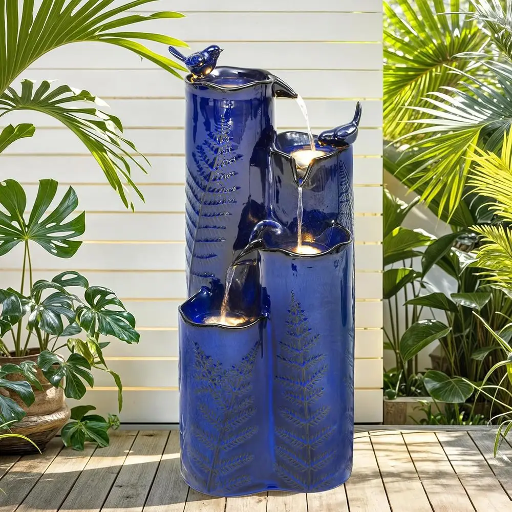 

Cobalt Blue 4-Tier Ceramic Outdoor Fountain with LED Lights, Serene Cascading Water for Garden, Patio, Porch
