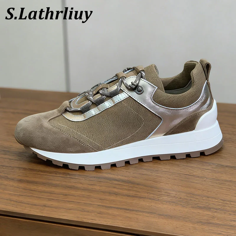 Casual Shoes Women Color Blocked Beaded Decorative Lace Up Flat Shoes Spring Autumn Versatile Round Toe Sneakers Running Shoes