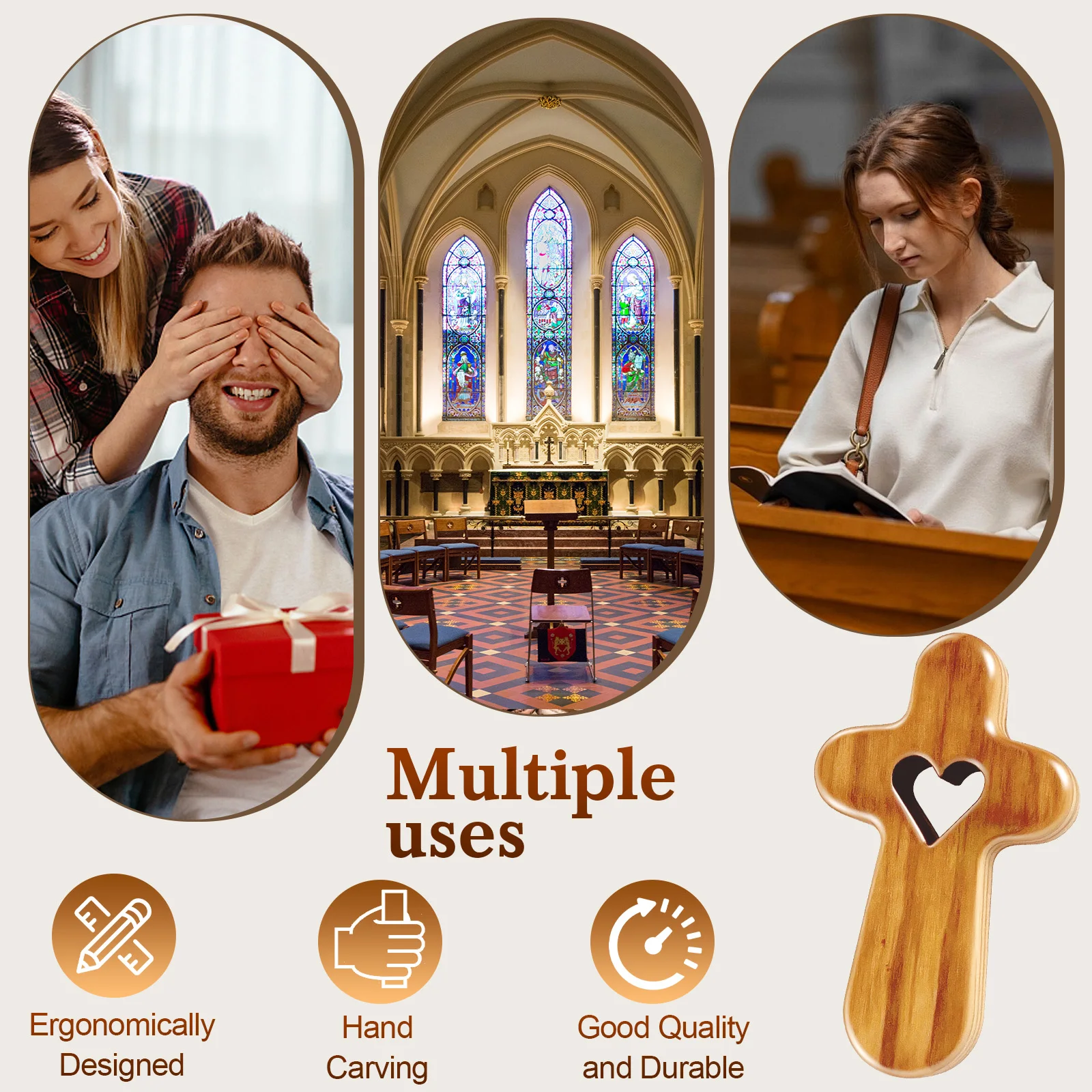 

YOYAI 3pcs Creative Olive Wood Cross Pendant Necklace – Handcrafted Wooden Prayer Charm for Men & Women, Unique Couple's Gift
