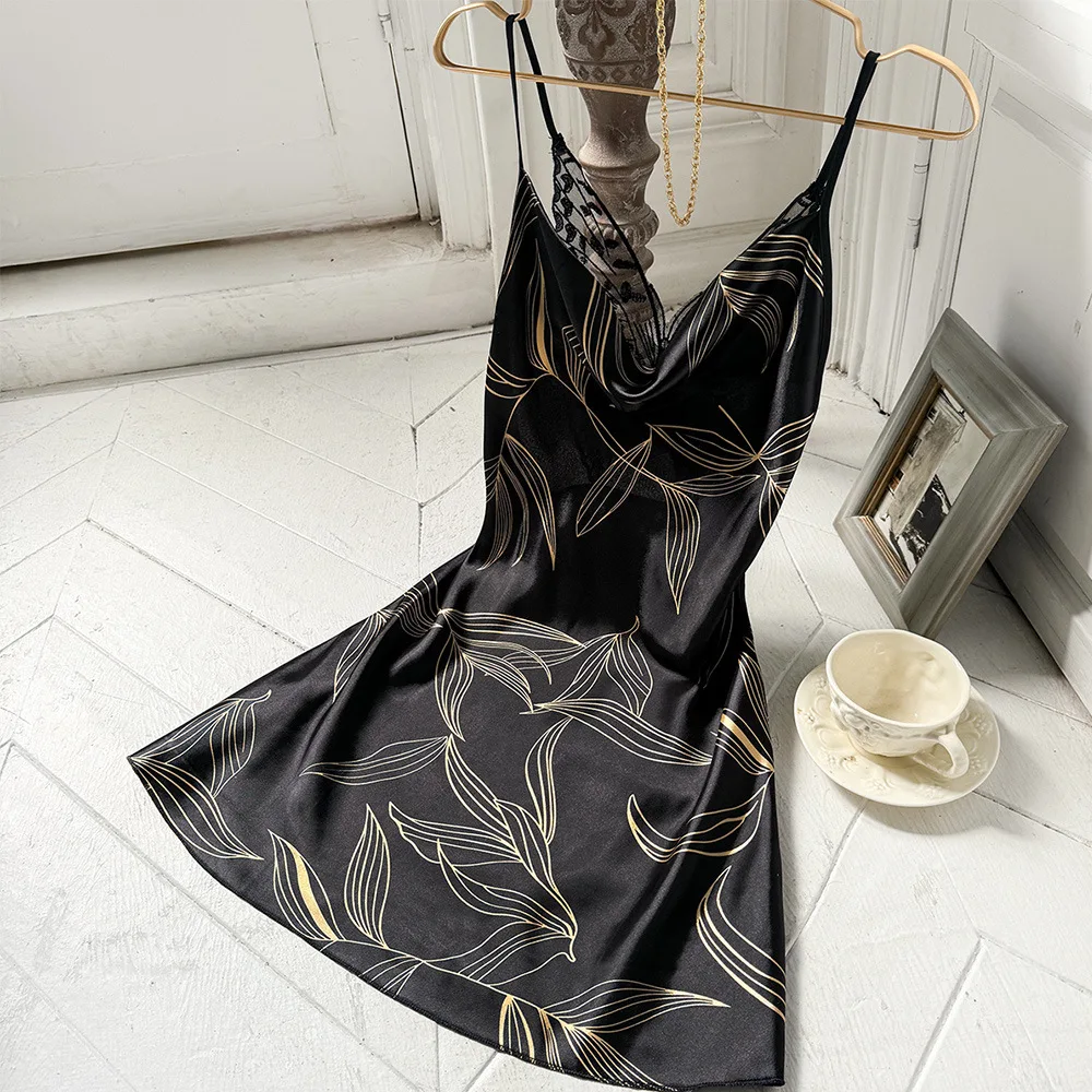Spring Summer Imitation Silk Backless Nightdress Sexy Lace Butterfly Decoration Simple Suspender Home Dress Medium Sexy view 2