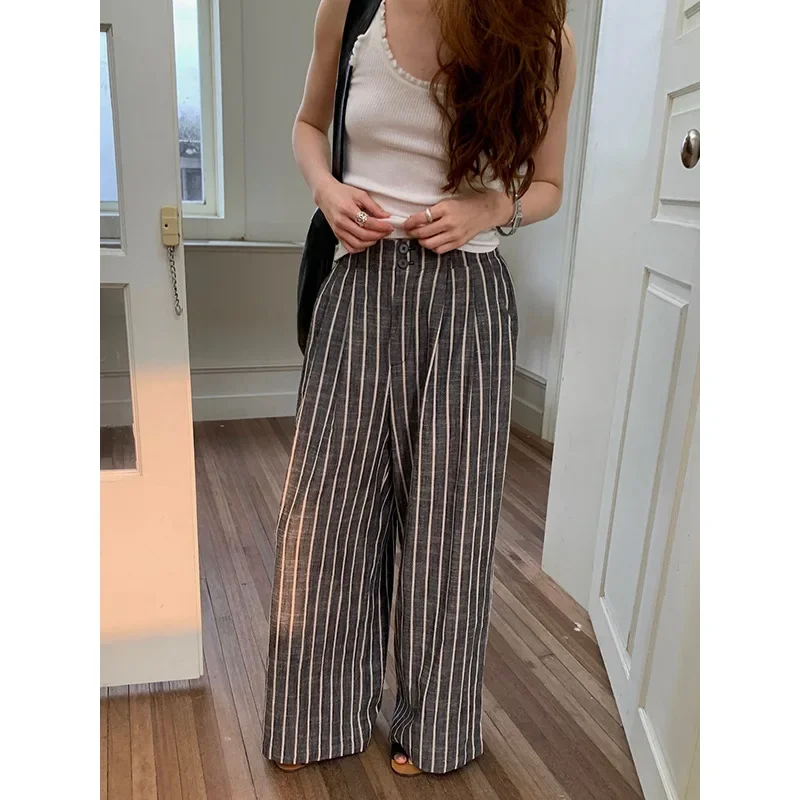 2024 Spring and Summer New Cotton and Linen Striped Casual Pants for Women Slim and Wide Leg Straight Leg Pants