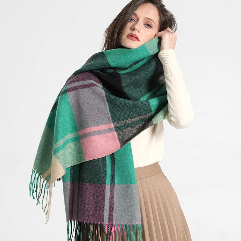 New Green Checker Scarf Women Simulated Cashmere Warm Long Shawl Winter Color Checker Scarf Fashion Tassel Thick Shawl Blanket