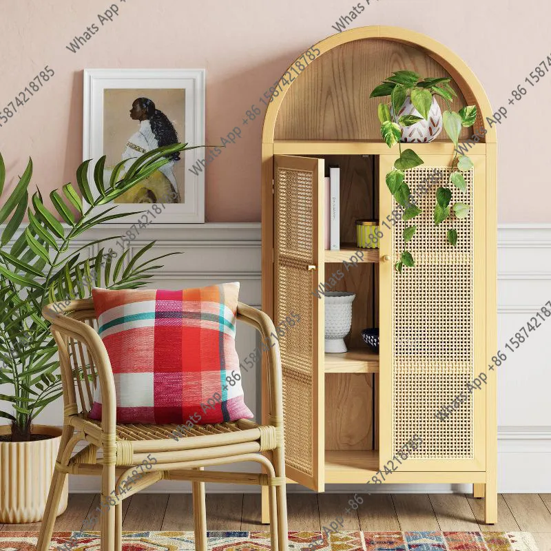 French retro rattan wardrobe American solid wood bookcase antique small apartment customizable furniture