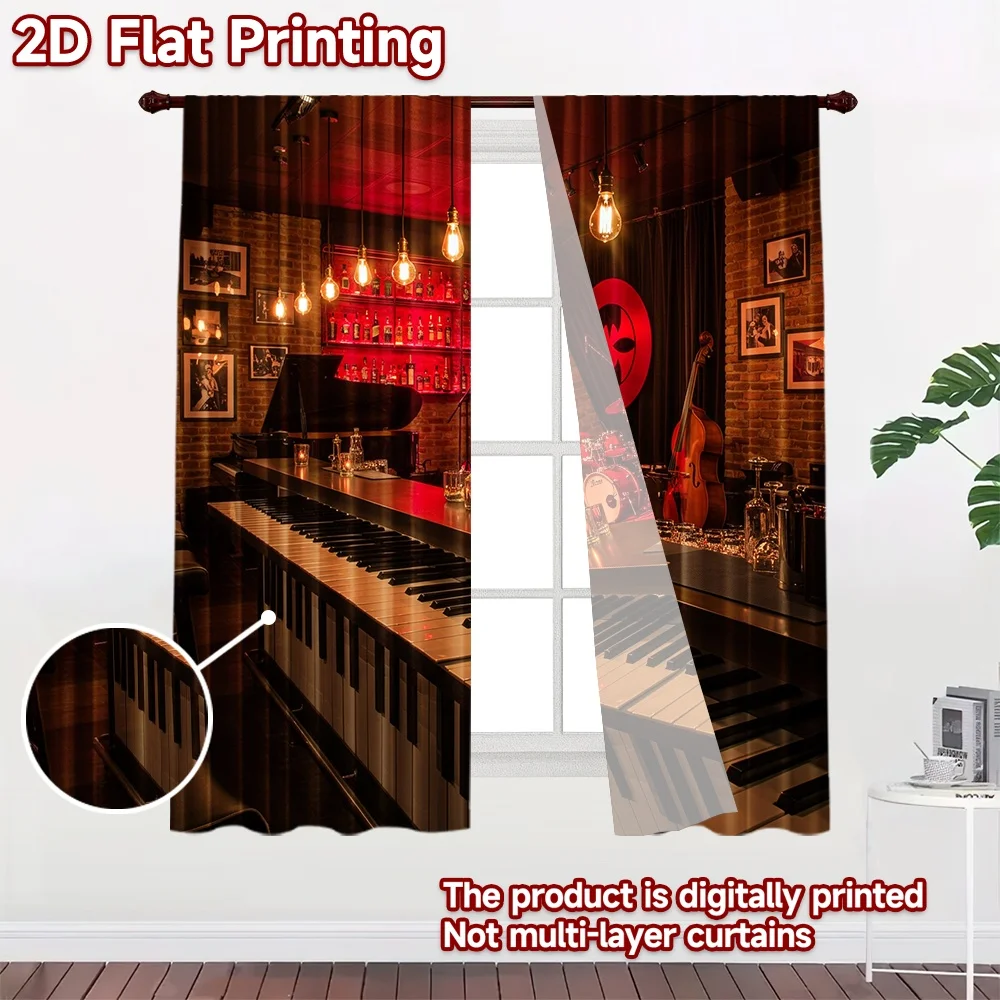 2D flat 2pcs Curtain French Romantic Style Red Jazz Piano Bar Digitally printed polyester, colorfast Party & Holiday Decor for