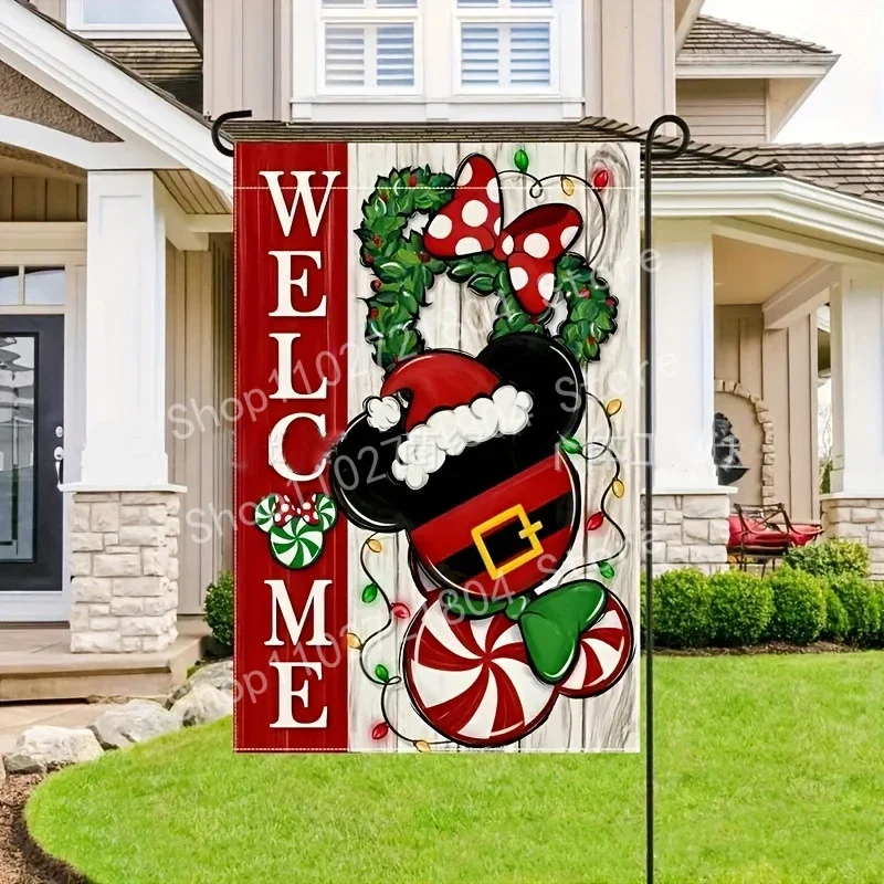 Welcome Christmas Mouse Santa Decorative House Flag Xmas Peppermint Candy Wreath Ornament Garden Yard Outside Decorations Wint