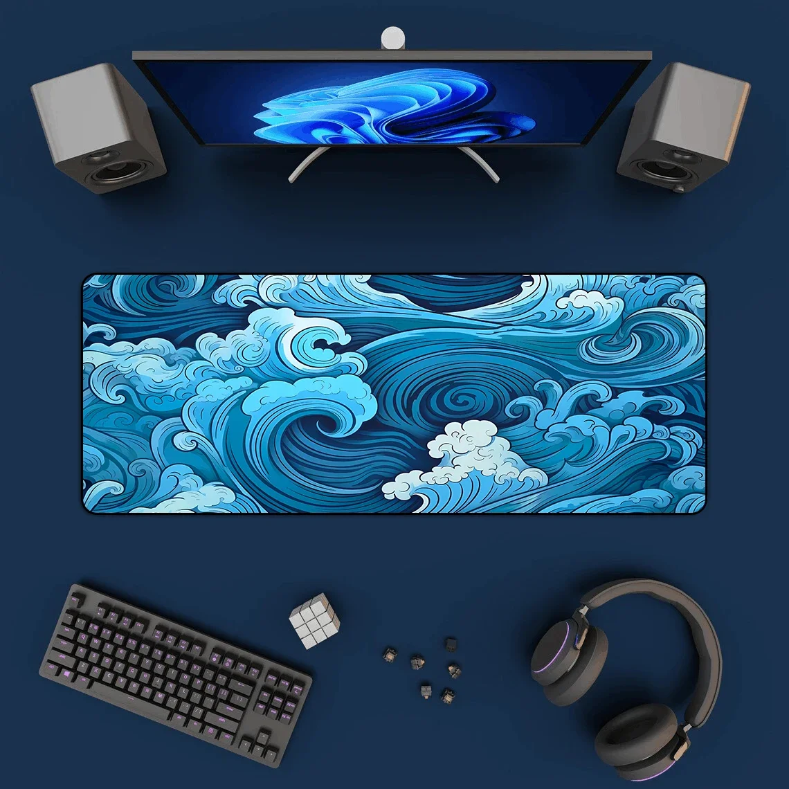 Tapis de souris japonais Blue Waves, art des polymères de bureau, tapis de souris de jeu média, sous-souris de bureau, caoutchouc naturel, polymères de table, accessoires de bureau, 900x400