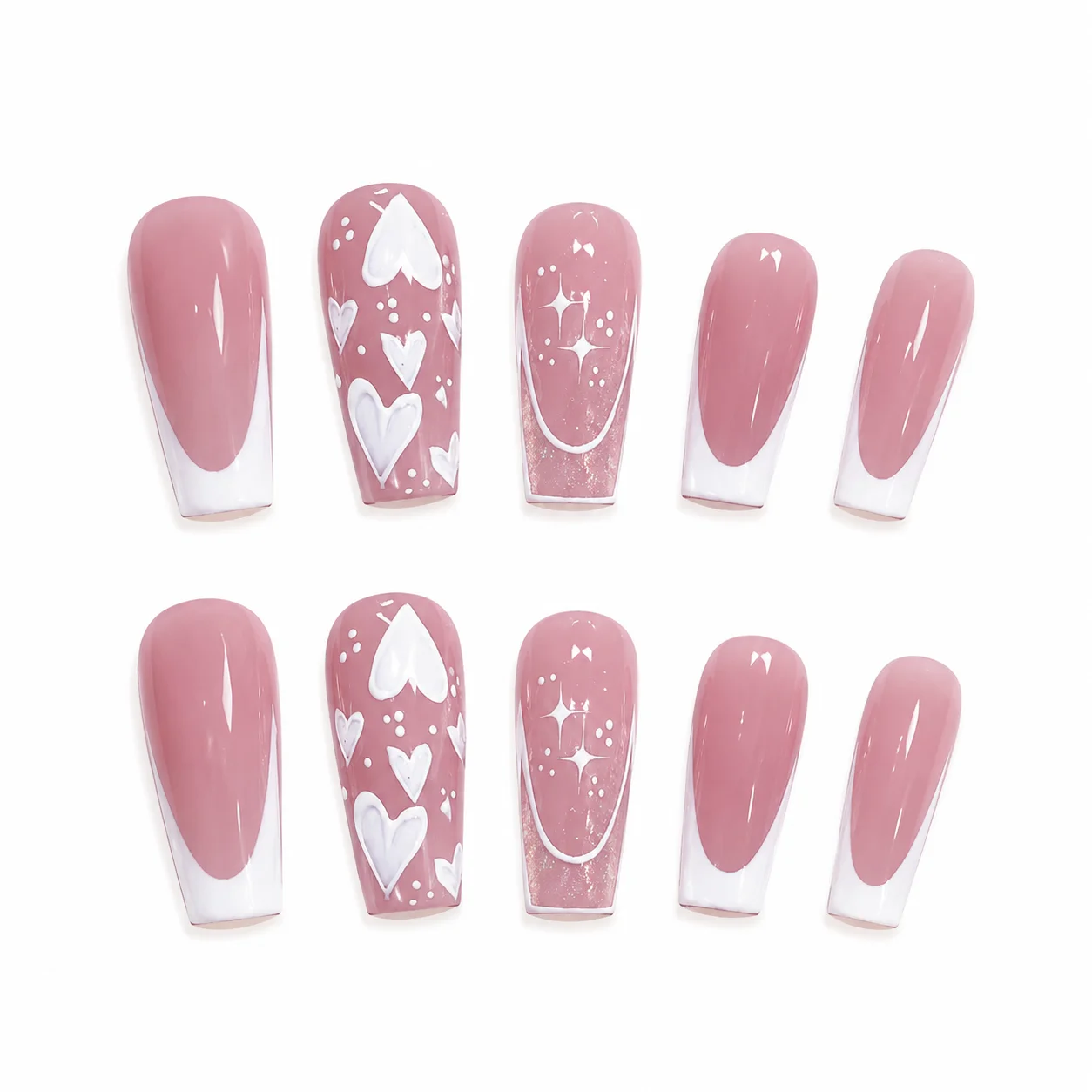 48 Pcs Pink Star Glitter White Heart French Tip Press-On Nails, Reusable Easy Remove Fake Nails for Daily & Party Looks