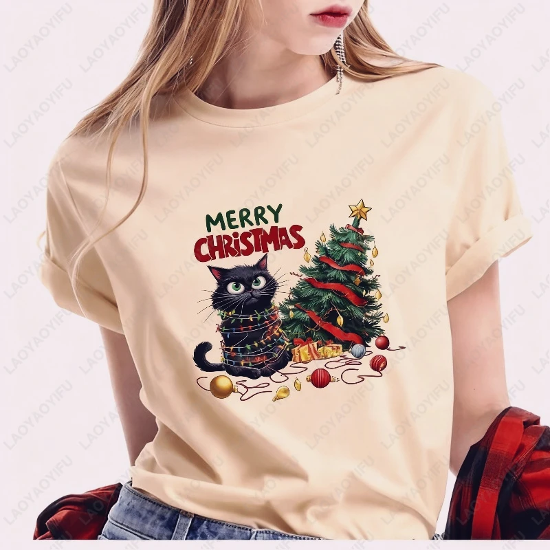 مضحك عيد الميلاد القط قميص القط الأسود المشاغب مع أضواء عيد الميلاد وشجرة لطيف عيد ميلاد سعيد المحملة لمحبي القطط وآباء الحيوانات الأليفة #3