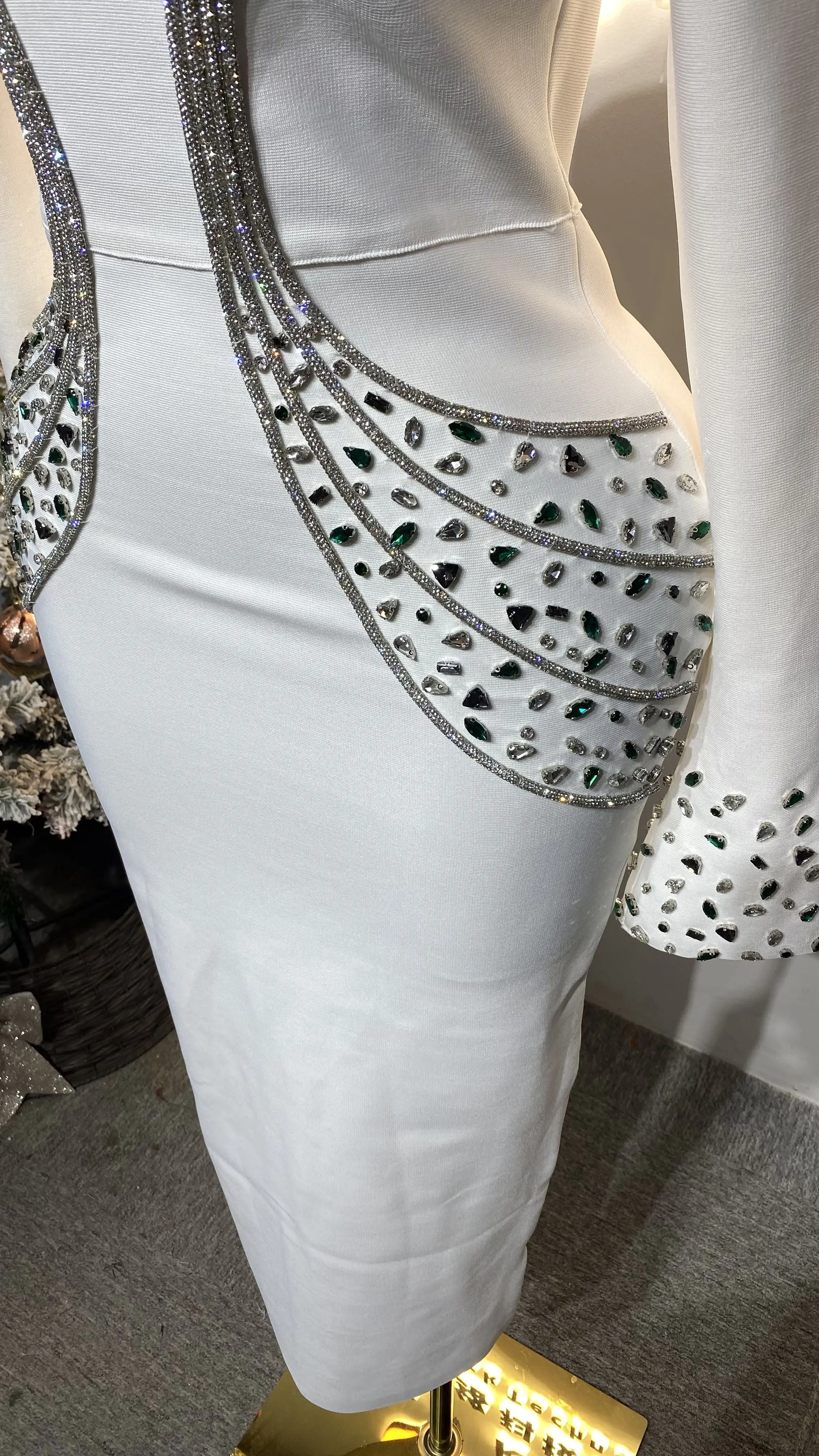 فستان ماكسي كريستالي عصري وأنيق بأكمام طويلة مع خرز وضمادات-GZXX223 #6