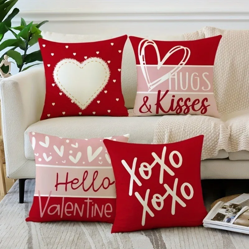 Valentine's Day Love Heart Print Home Decor Pillowcase Bedroom Living Room Sofa Decoration Polyester Cushion Cover with Zipper