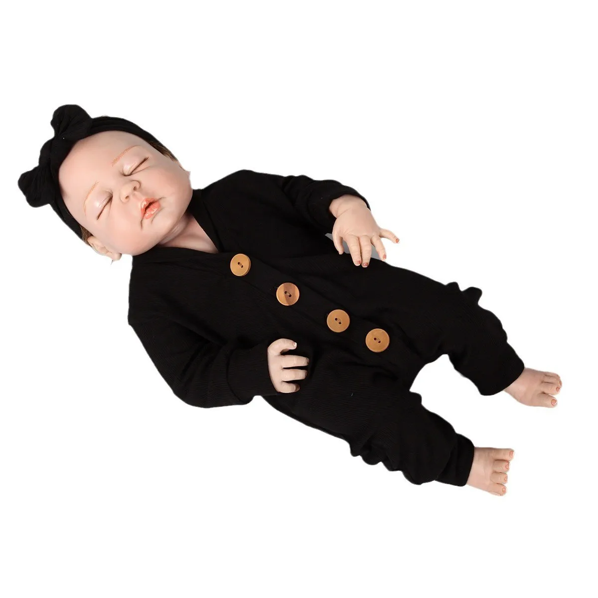 Newborn Baby Rompers Wood Button Ribbed Cotton Lapel Collar Romper Boys Girls Clothes New