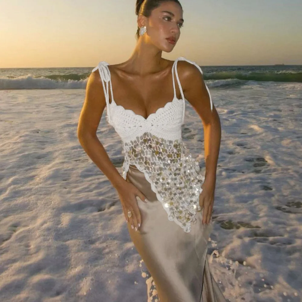 Women Cover Up Knitted Glitter Beach Vacation Dress UV Protection Hollow Out