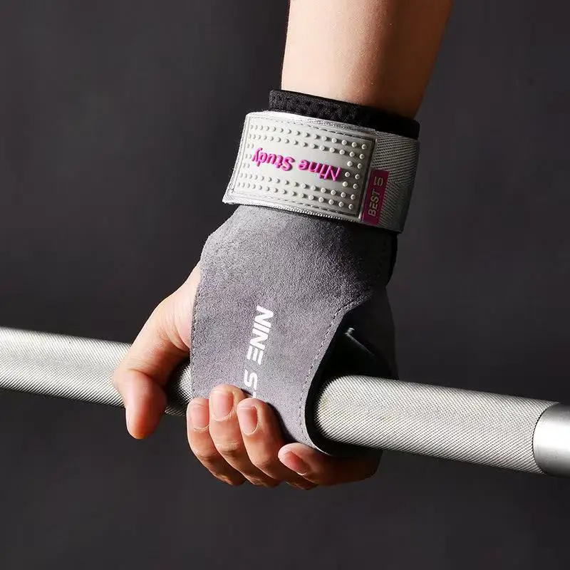 Cowhide Leather Palm & Wrist Protector Gloves for Weightlifting Deadlift Pull Up, Unisex with Grip Assistance Straps