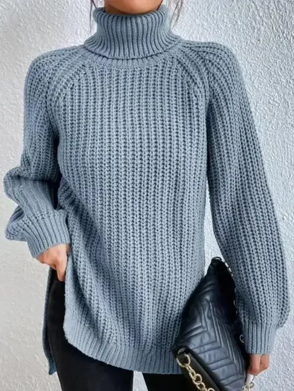 

Women Turtleneck Sweater Kintted Thick Split Pullovers Khaki Spring Autumn Winter Jumper Y2k Top Crochet Jumper Streetwear