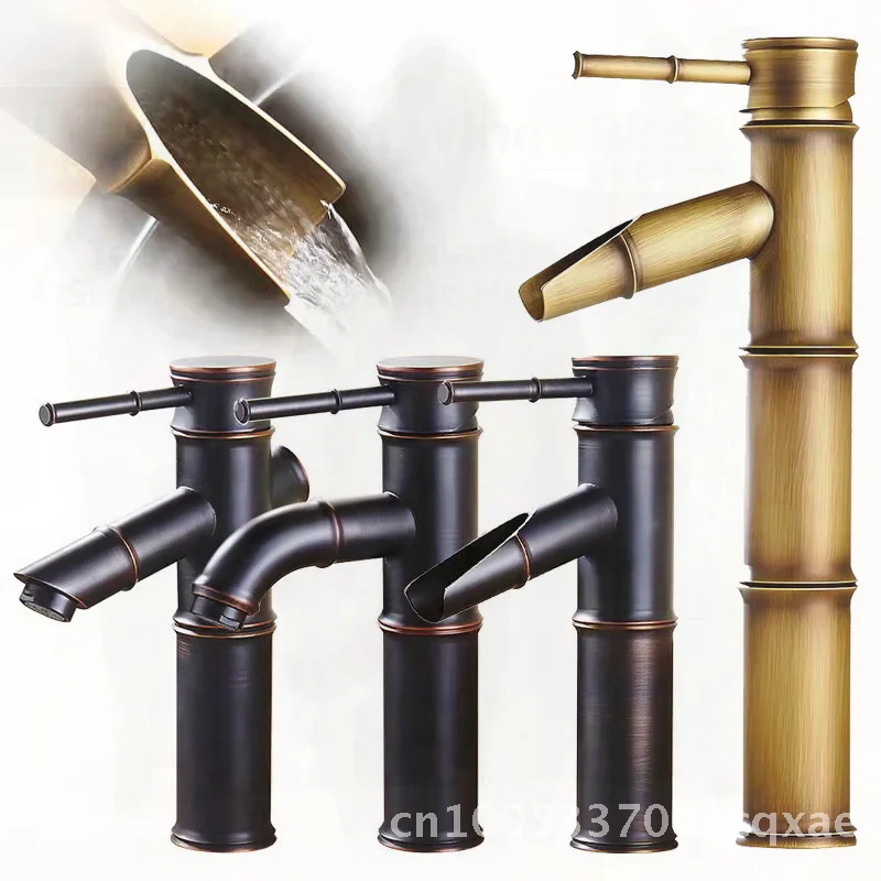 

Antique Black Bamboo Faucet for Wash Basin Hot/Cold All Copper Countertop Single-Unit Lift-Open Modern Minimalist Style
