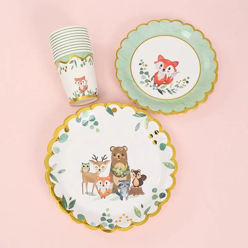 Woodland Birthday Party Plates Cup Tableware Happy Birthday Party Decor Kids 1st Animal Forest Jungle Party Baby Shower Supplies