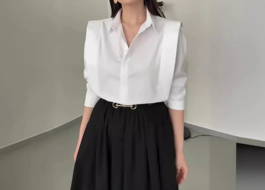 Elegante Tweedelige Dames 2024 Zomer Veelzijdige Effen Kleur Polokraag Lange Mouwen Shirt Met Hoge Taille Grote Zoom Lange Rok Set