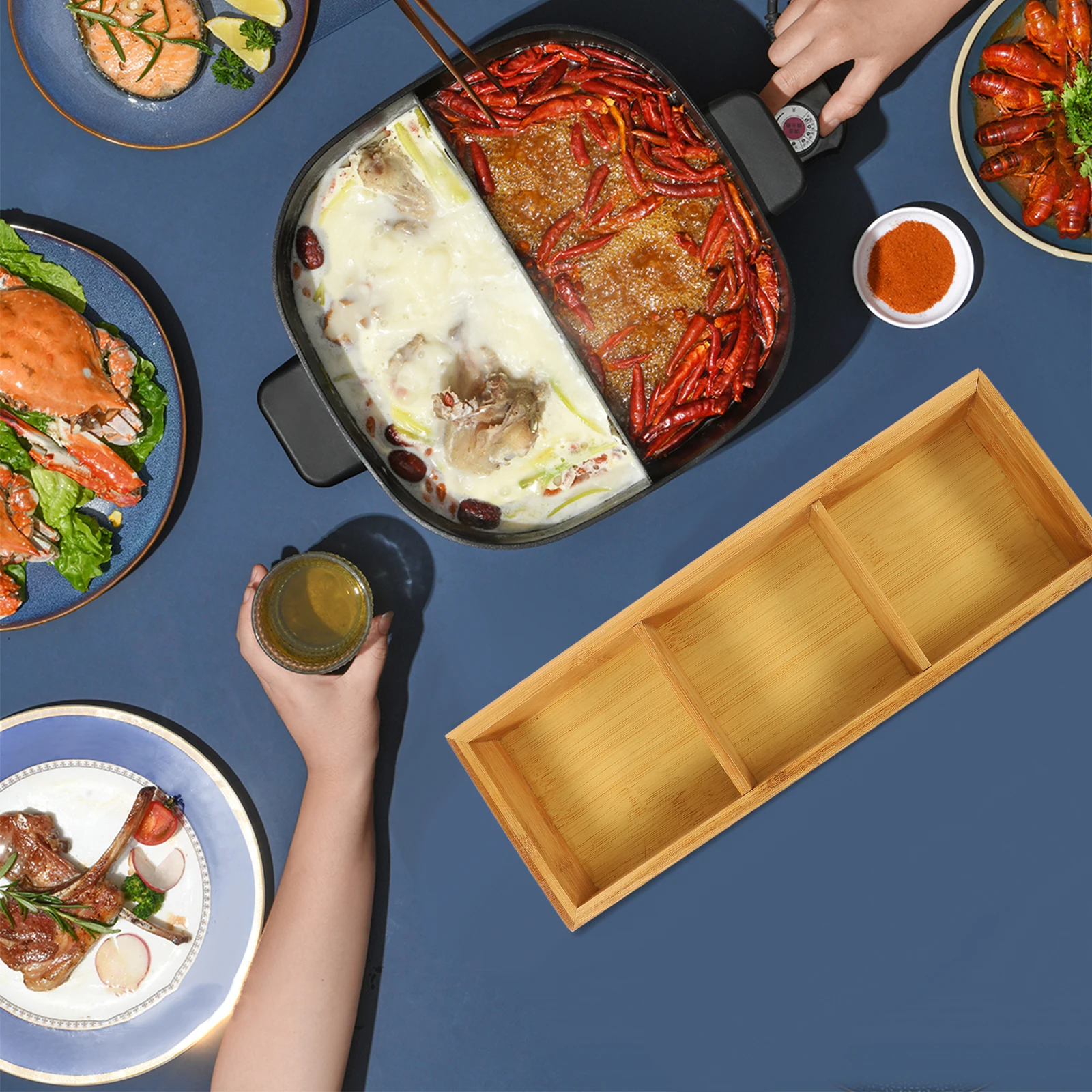 

Bamboo Compartment Plate Multi Grids Hot Pot Tray Divided Serving Dish Household Fruit Platter Vegetable Plate Dining Ware Safe