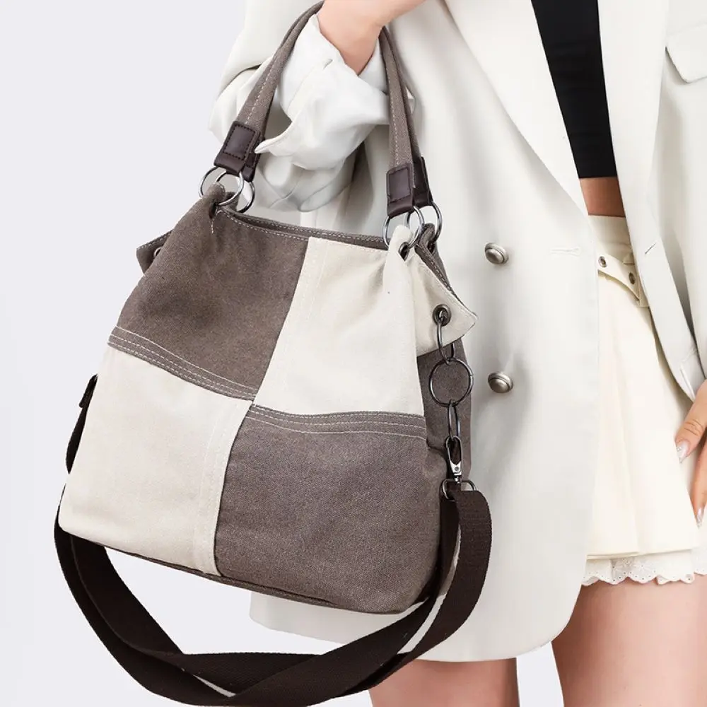 New high-quality canvas women's bag, retro splicing, women's shoulder bag, casual tote bag, crossbody carrying bucket bag