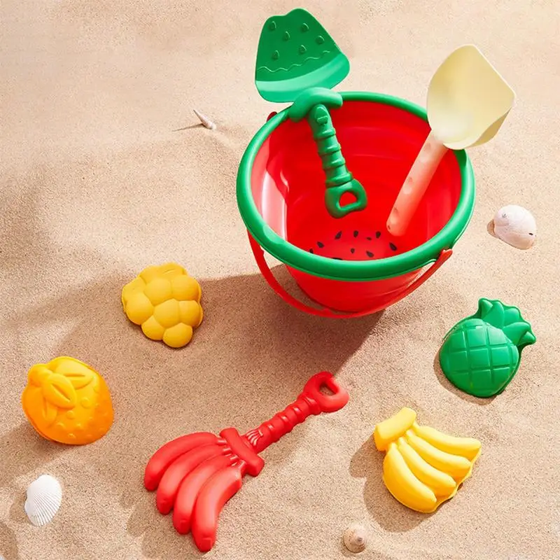 

8pcs Beach Toys for Kids Sand Toys Set for Toddler Sandbox Toys with Foldable Bucket Shovel Set Sand Fruit Molds Outdoor