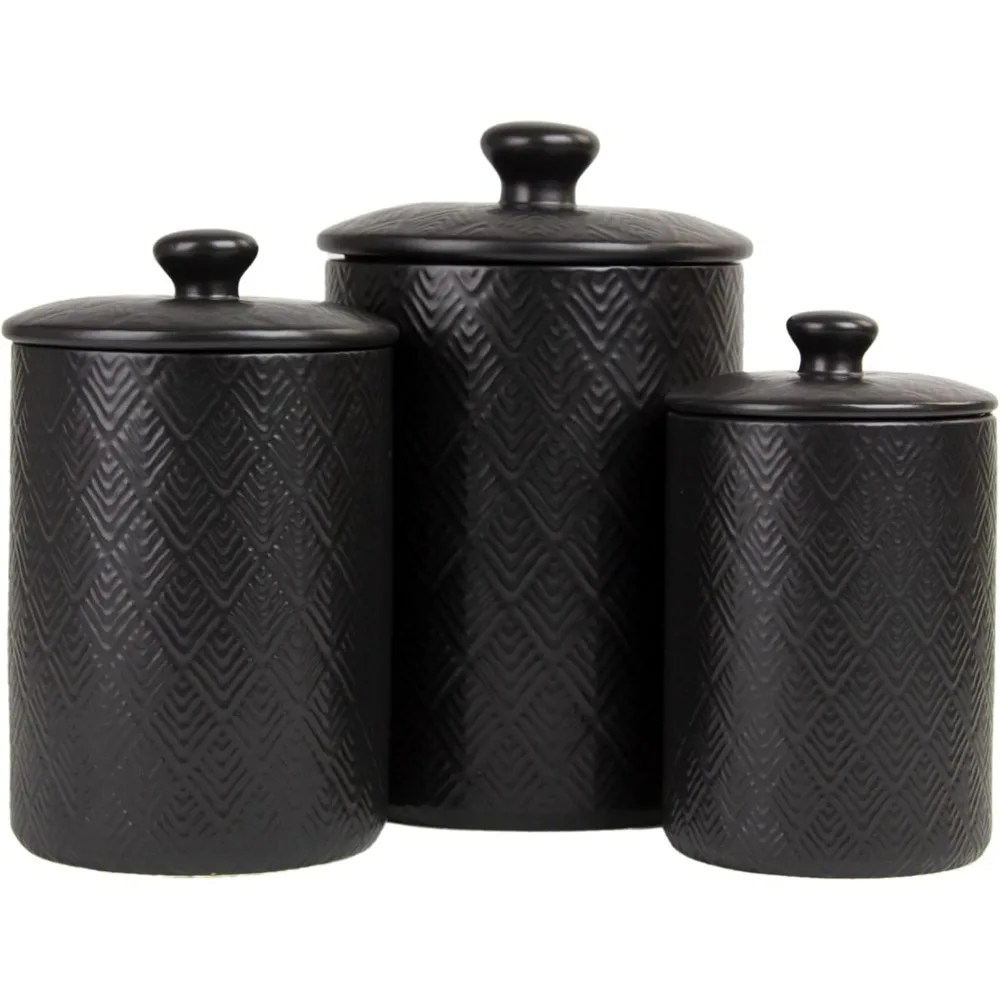 

3-Piece Matte Black Ceramic Canister Set for Kitchen Storage, Airtight Lids