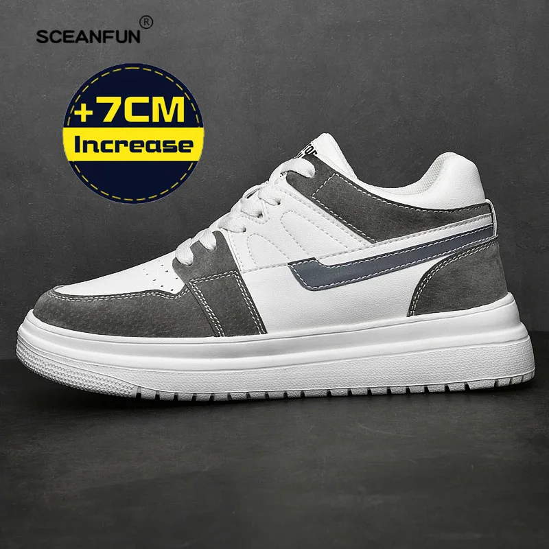 Zapatillas de deporte para hombre, zapatos con elevador, tacones ocultos, altura de elevación, zapatos de cuero genuino aumentada, plantillas de 7CM, aumento de altura deportiva para hombre