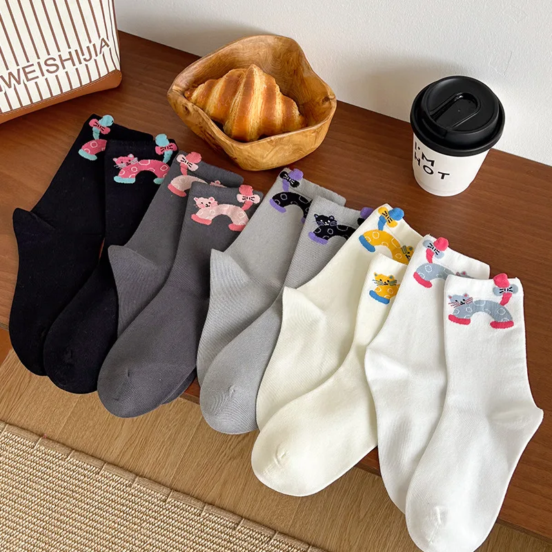 Creative Mid-calf Length Sock Cute Cartoon 3D Cat Sock for Women Girl Korean Style Comfortable Soft Kawaii Blending Cotton Socks