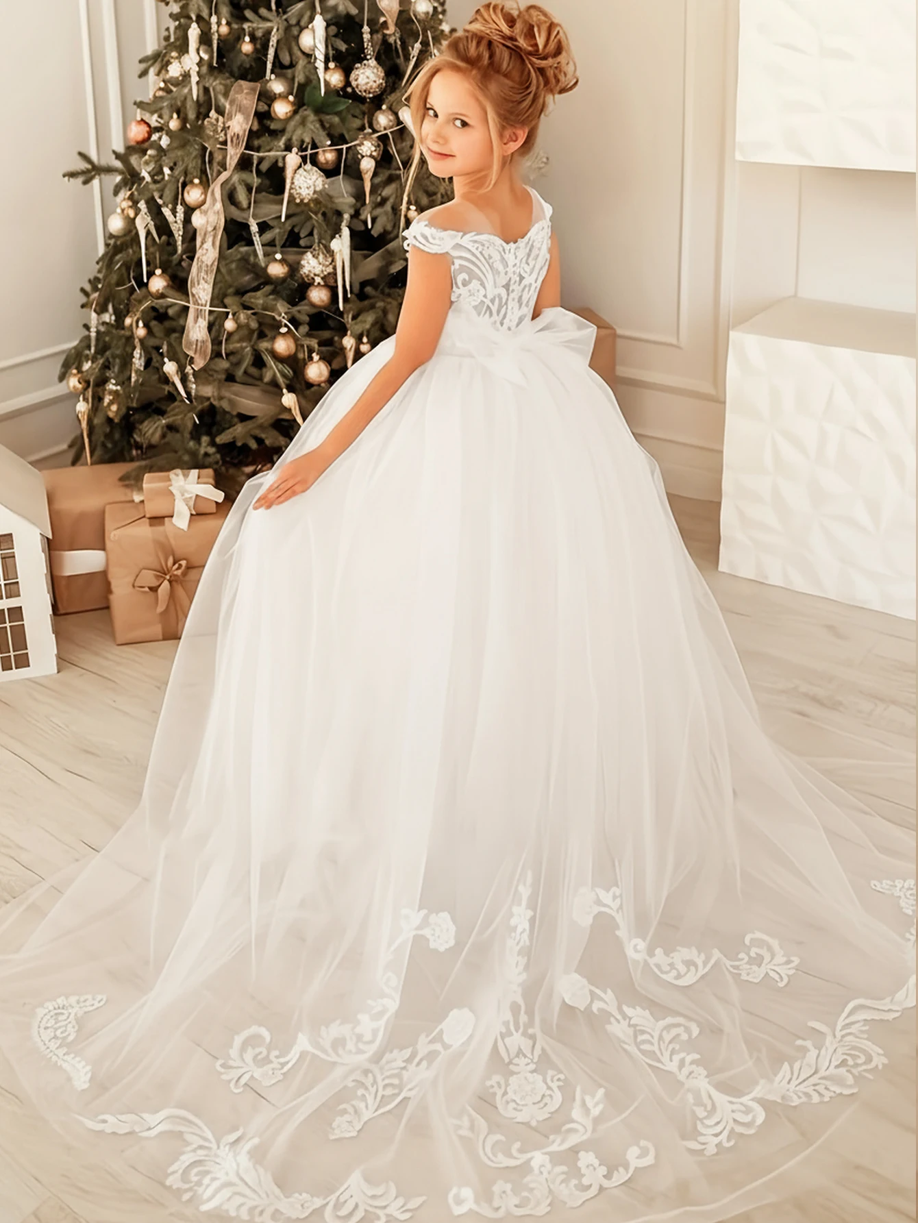 Girls White Lace Off-the-Shoulder Flower Girl Dress with Train Kids Luxury Tulle Ball Gown for Wedding&Performance