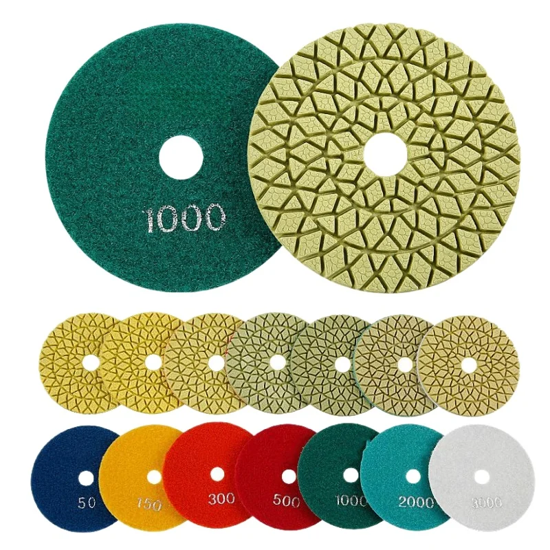 7PCS 4 Inch Diamond Polishing Pads Wet Flexible Polishing Pad for Marble Quartz Stone Granite 50/150/300/500/1000/2000/3000 Grit