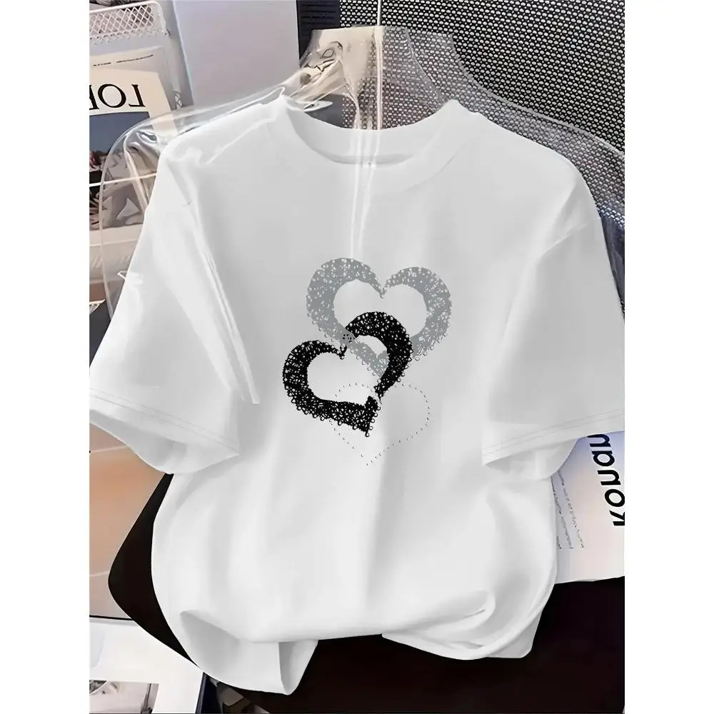 Women Y2K Korean Fashion Olive Green T Shirt Black Heart Print Soft Skin Touch Half Sleeve Round Neck Top H Line Regular Fit
