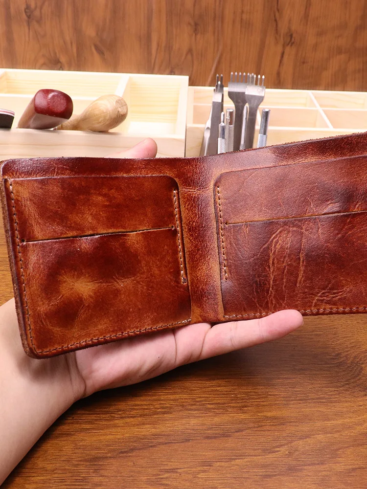 Dompet kulit asli pria, dompet kulit kuda gila, tas kartu, dompet gaya Jepang Retro sederhana