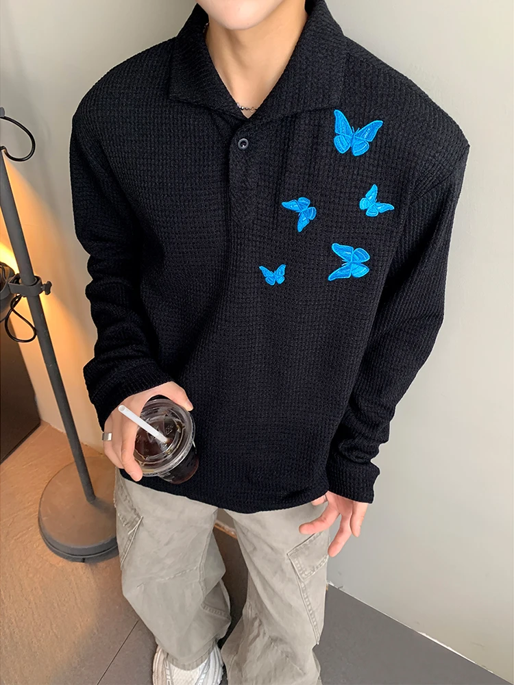 

Мужской вязаный свитер с вышивкой, свободный крой, американский стиль, с длинным рукавом, на одно плечо, осенняя мода, повседневный трикотажный свитер