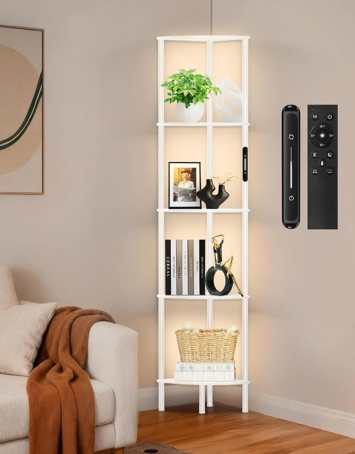 

5-ярусная угловая книжная полка с LED-подсветкой, сенсорным и дистанционным управлением, регулируемая по яркости, для гостиной или спальни