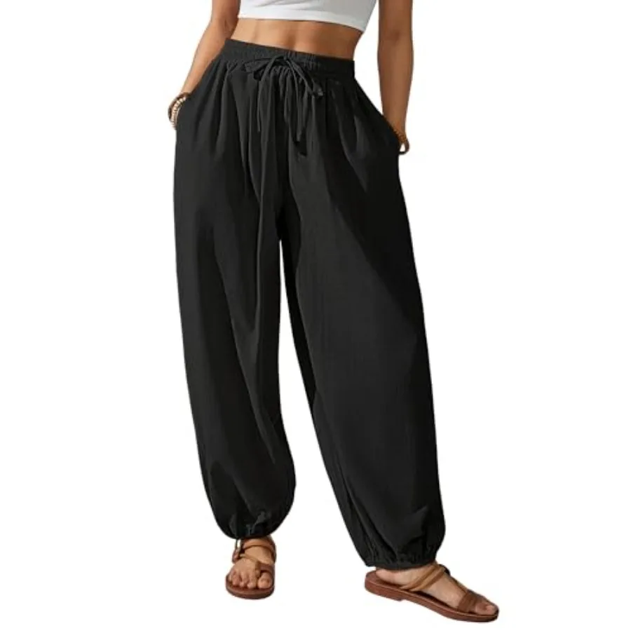 

Bsubseach Womens Cotton Harem Pants Elastic Waist Baggy Pant Drawstring Balloon Trouser Loose Beach Pants with Pockets
